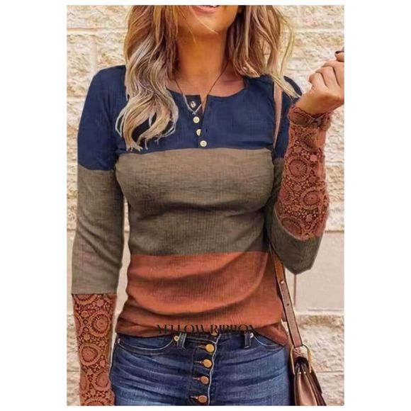 Yellow Ribbon Tops - 🆕 Color Block Ribbed Lace Splicing Color Block Long Sleeve Top | Size: L